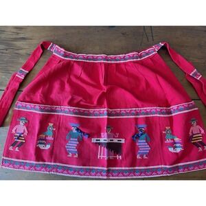 Vintage Red Half Apron: Hand Embroidered Guatemalan Design (3864)